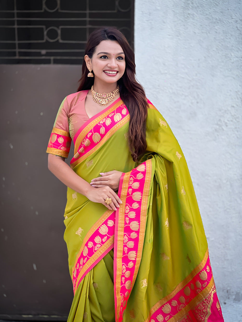 Mehendi Soft Silk Pichwai Traditional Zari Paithani Saree
