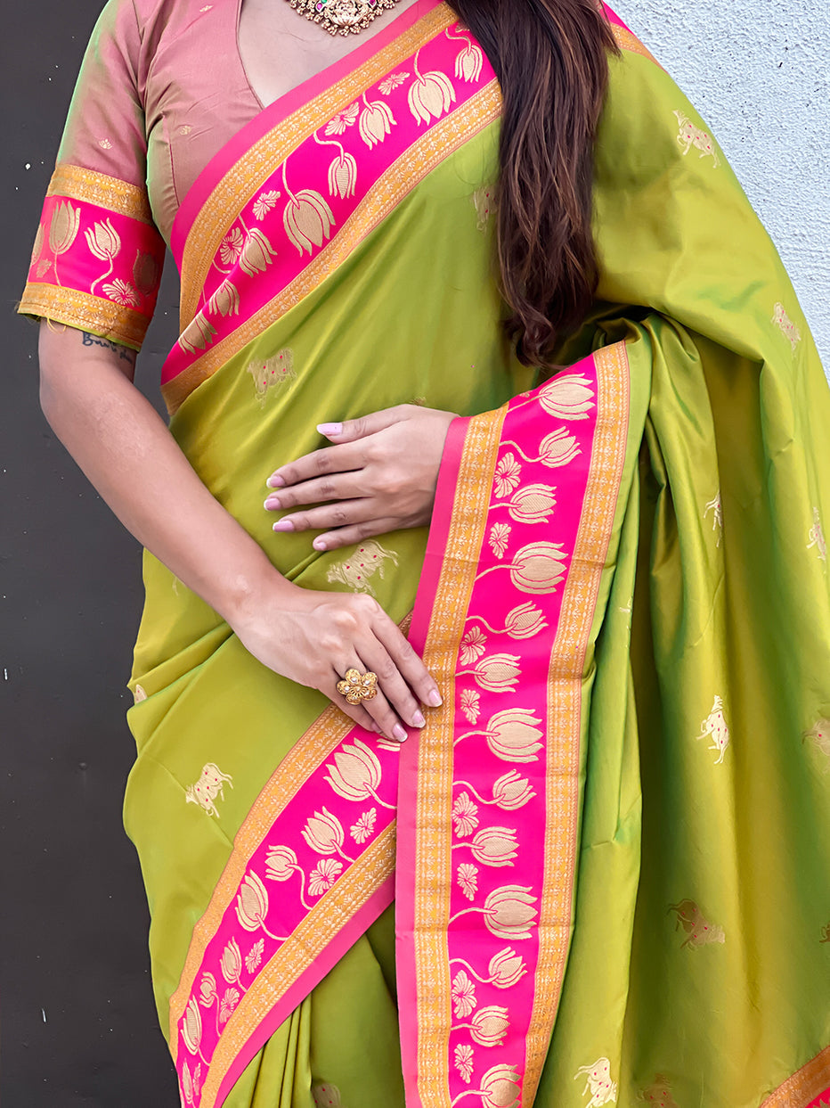 Mehendi Soft Silk Pichwai Traditional Zari Paithani Saree