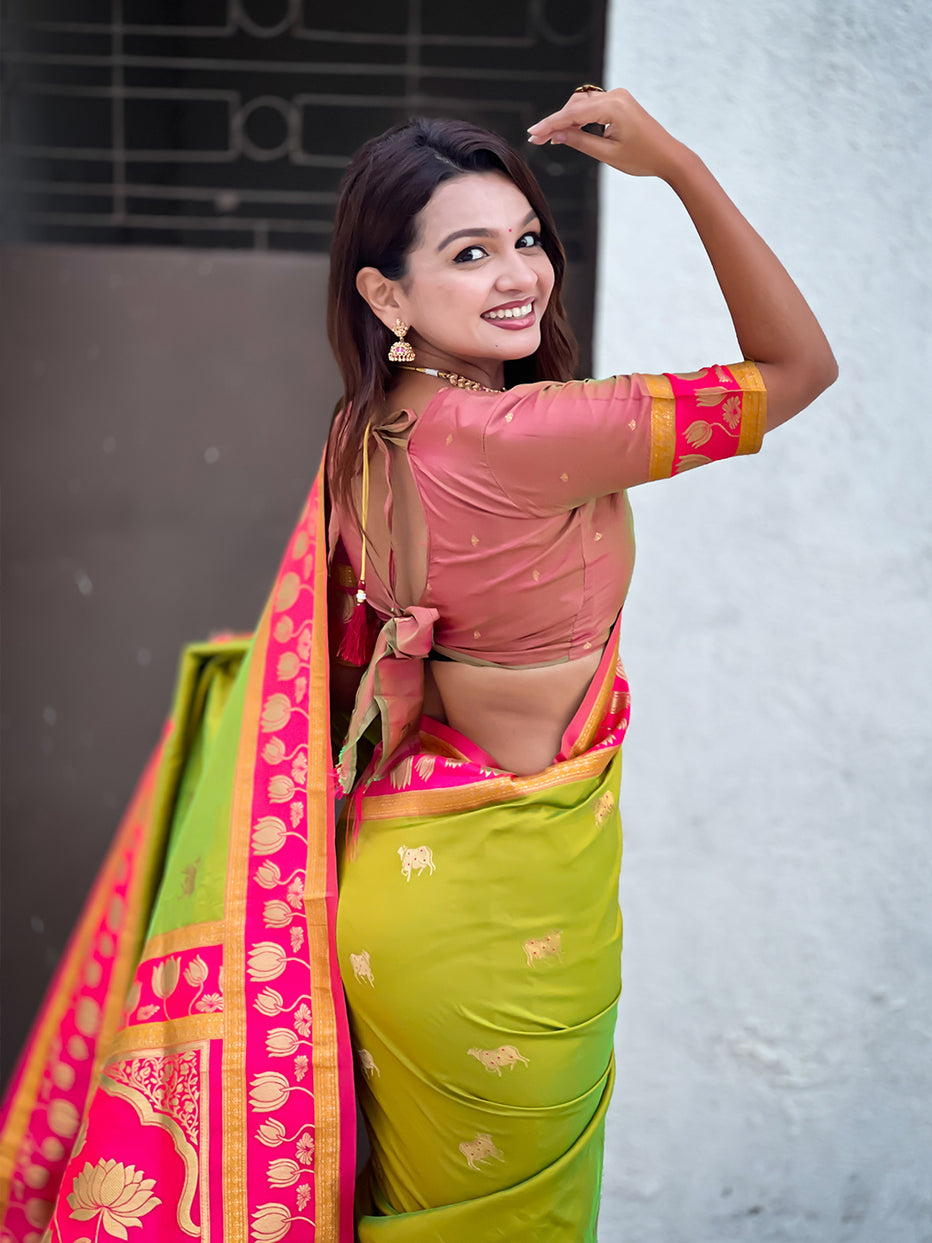 Mehendi Soft Silk Pichwai Traditional Zari Paithani Saree