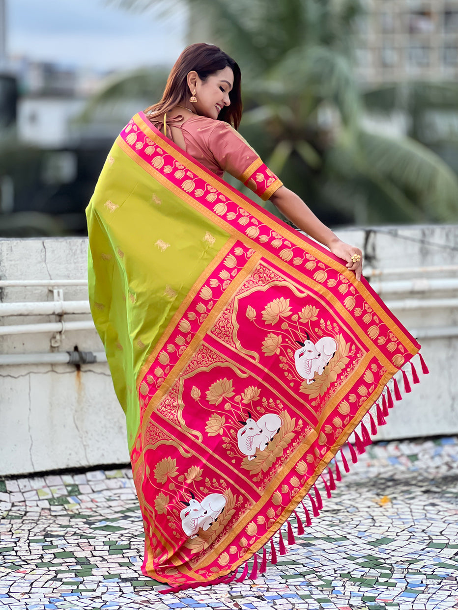 Mehendi Soft Silk Pichwai Traditional Zari Paithani Saree