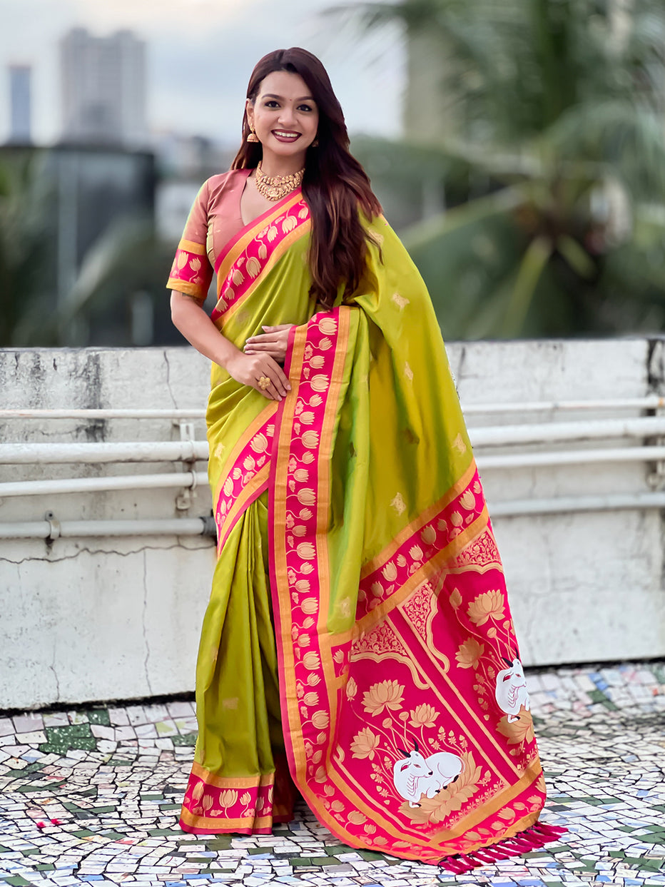 Mehendi Soft Silk Pichwai Traditional Zari Paithani Saree