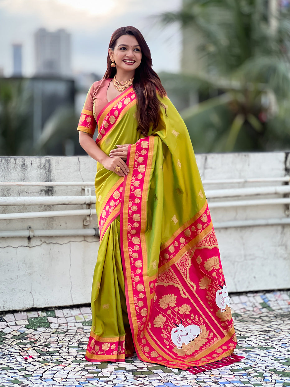 Mehendi Soft Silk Pichwai Traditional Zari Paithani Saree