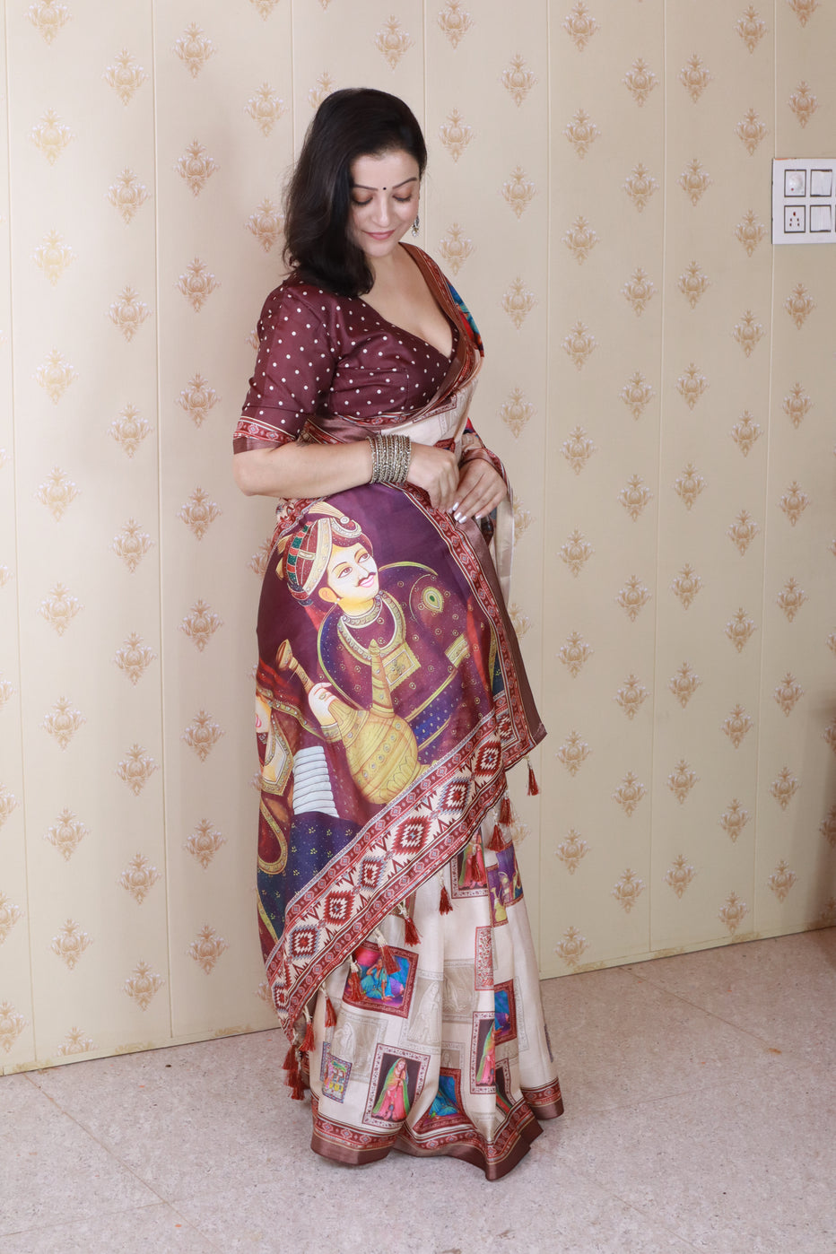 Maroon Pure Tussar Silk Bold Kalamkari Figure Printed Tussar Saree Tussar Saree Anant Tex Exports Pvt.Ltd..