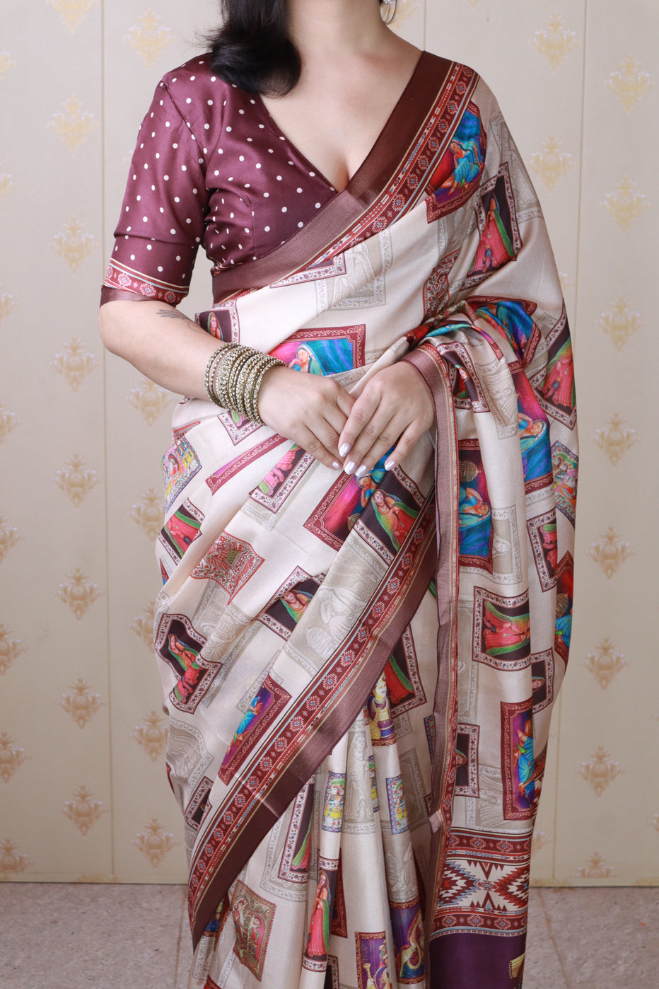 Maroon Pure Tussar Silk Bold Kalamkari Figure Printed Tussar Saree Tussar Saree Anant Tex Exports Pvt.Ltd..