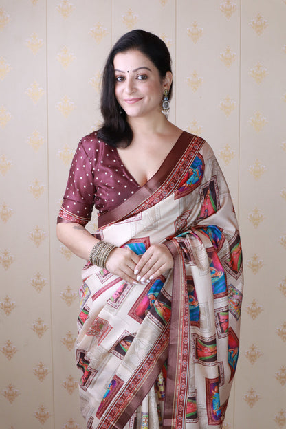 Maroon Pure Tussar Silk Bold Kalamkari Figure Printed Tussar Saree Tussar Saree Anant Tex Exports Pvt.Ltd..