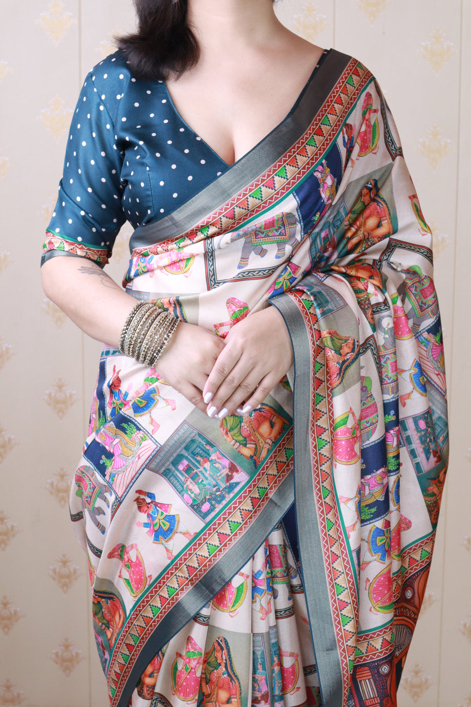 Navy Blue Pure Tussar Silk Bold Kalamkari Figure Printed Tussar Saree Tussar Saree Anant Tex Exports Pvt.Ltd..