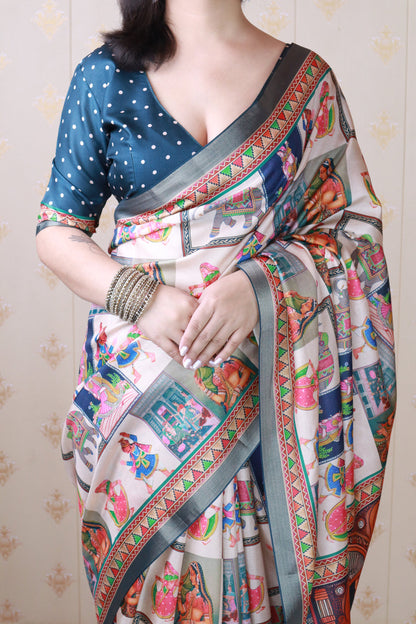 Navy Blue Pure Tussar Silk Bold Kalamkari Figure Printed Tussar Saree Tussar Saree Anant Tex Exports Pvt.Ltd..
