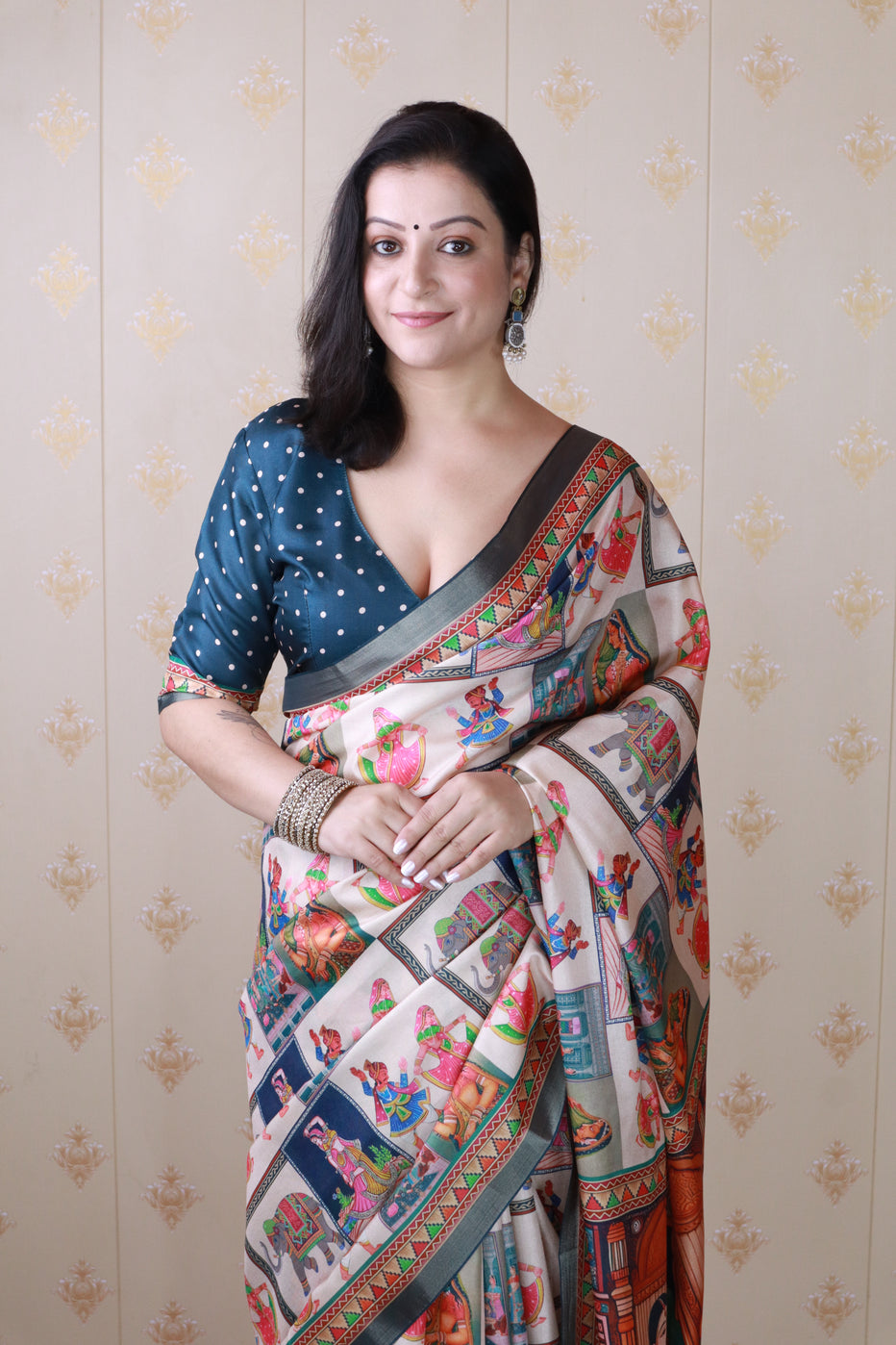 Navy Blue Pure Tussar Silk Bold Kalamkari Figure Printed Tussar Saree Tussar Saree Anant Tex Exports Pvt.Ltd..