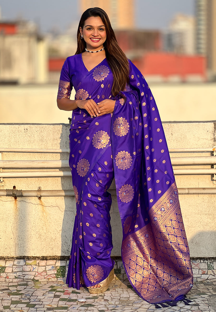 Violet Pure Soft Munga Silk Handloom Weaving Saree 