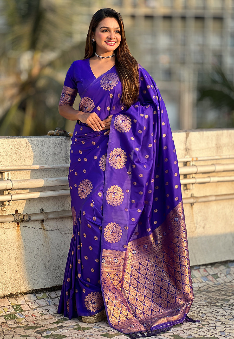 Violet Pure Soft Munga Silk Handloom Weaving Saree 