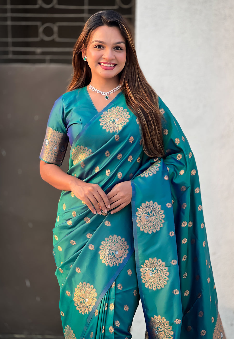 Green Pure Soft Munga Silk Handloom Weaving Saree ##color## Moonga Silk Saree with premium fabric and embroidery