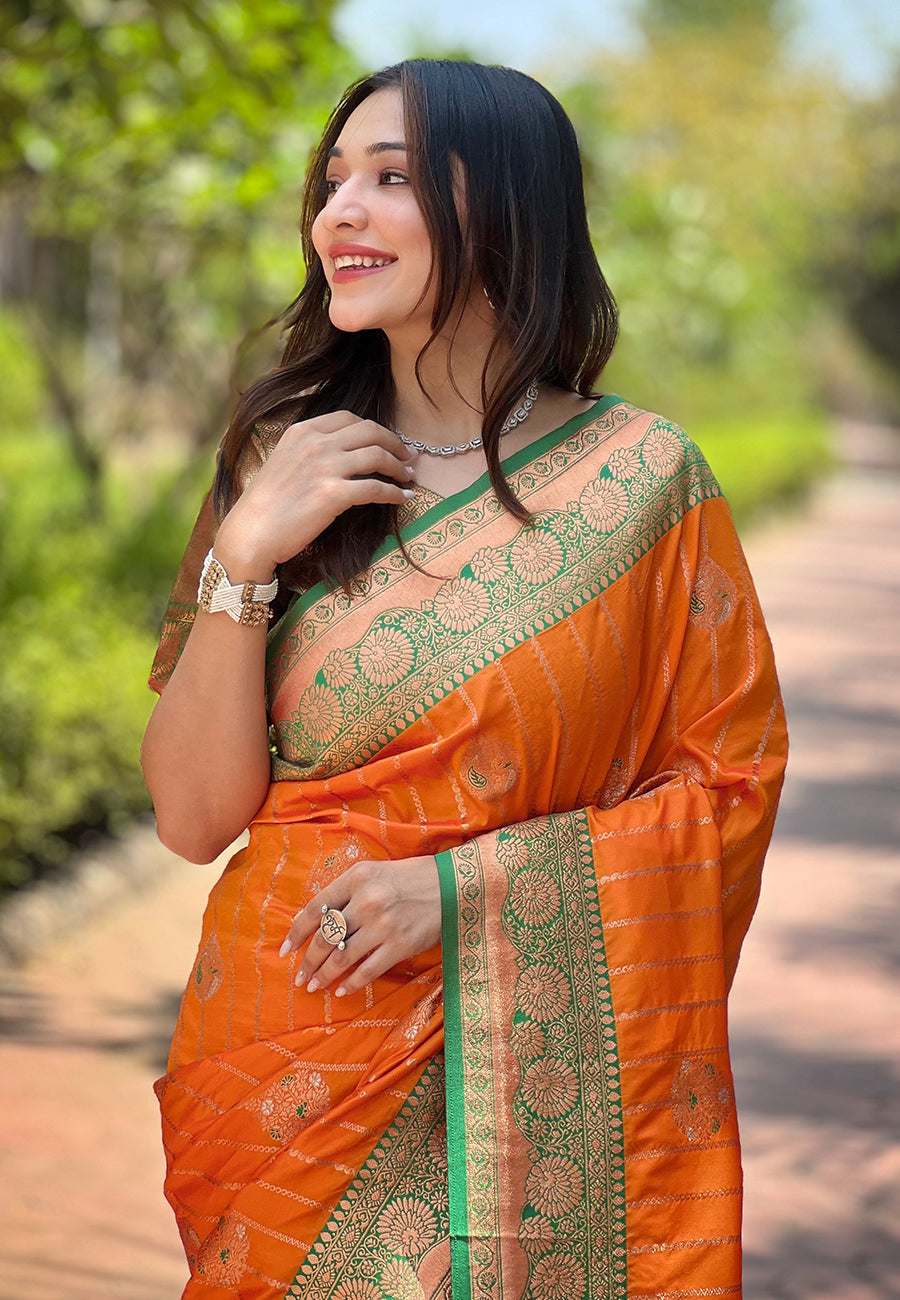 Orange Soft Silk Contrast Zari Banarasi Saree Soft Silk Saree Anant Tex Exports Pvt.Ltd..