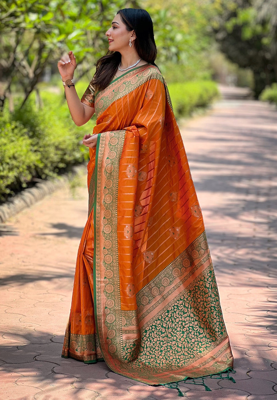 Orange Soft Silk Contrast Zari Banarasi Saree