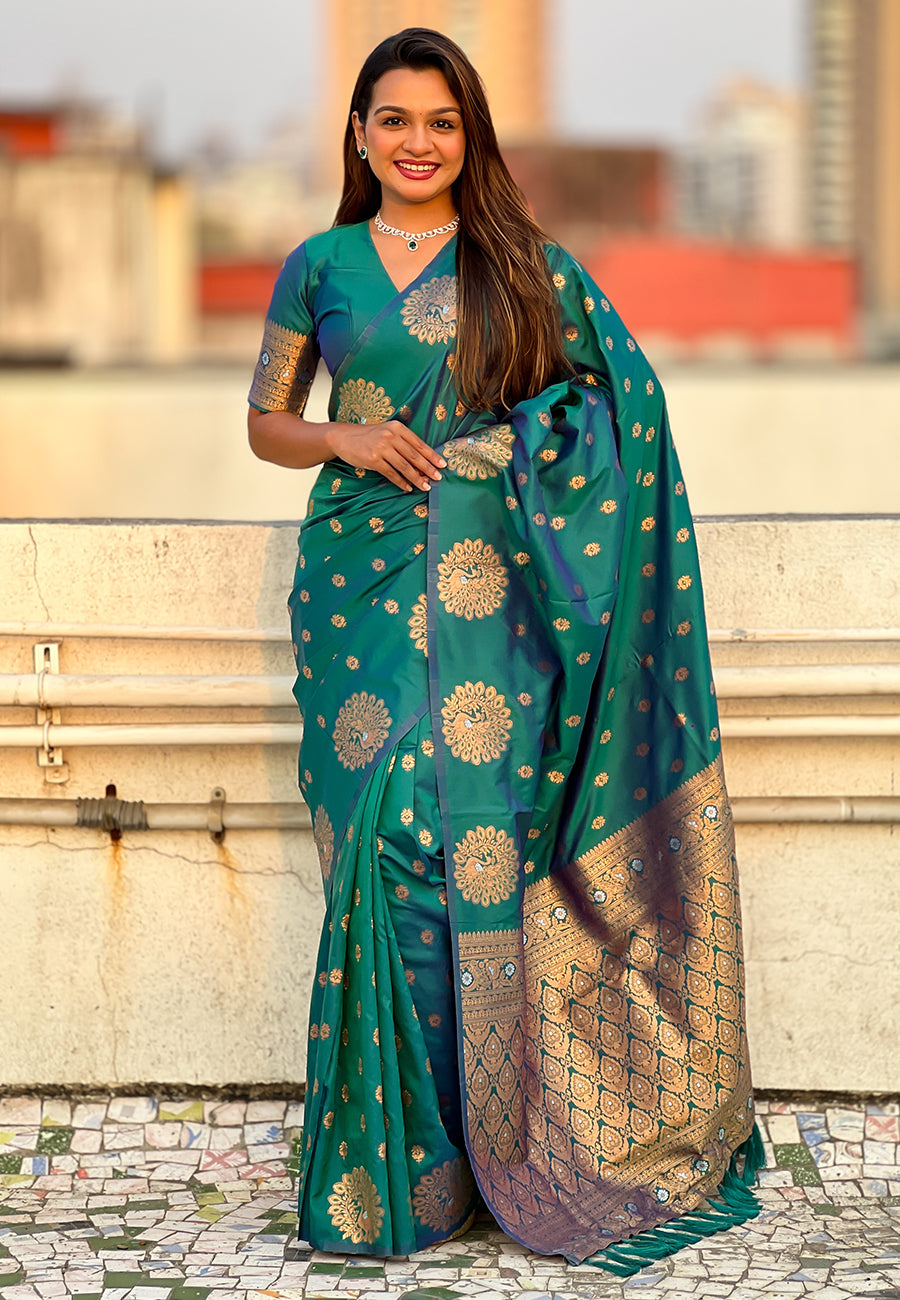 Green Pure Soft Munga Silk Handloom Weaving Saree ##color## Moonga Silk Saree with premium fabric and embroidery