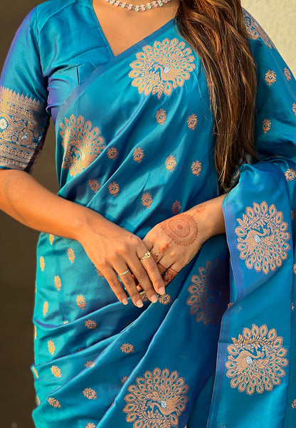 Blue Soft Silk Dual Zari Woven Soft Silk Saree Kanjivaram Saree Anant Tex Exports Pvt.Ltd..