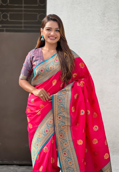 Pink Soft Silk with Sunflower Butta Meenakari Zari Saree Banarasi Saree Anant Tex Exports Pvt.Ltd..
