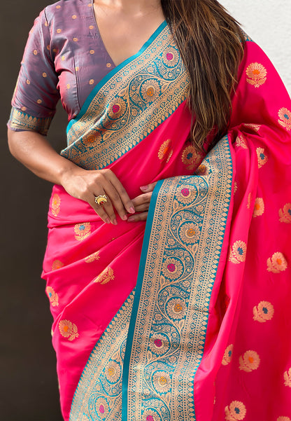 Pink Soft Silk with Sunflower Butta Meenakari Zari Saree Banarasi Saree Anant Tex Exports Pvt.Ltd..