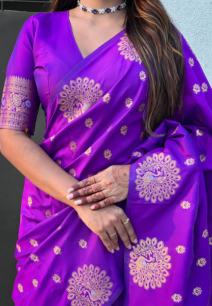 Purple Pure Soft Munga Silk Handloom Weaving Saree 
