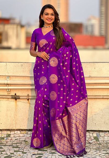 Purple Pure Soft Munga Silk Handloom Weaving Saree 