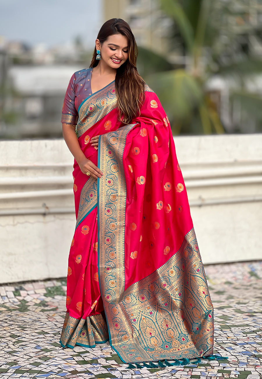 Pink Soft Silk with Sunflower Butta Meenakari Zari Saree