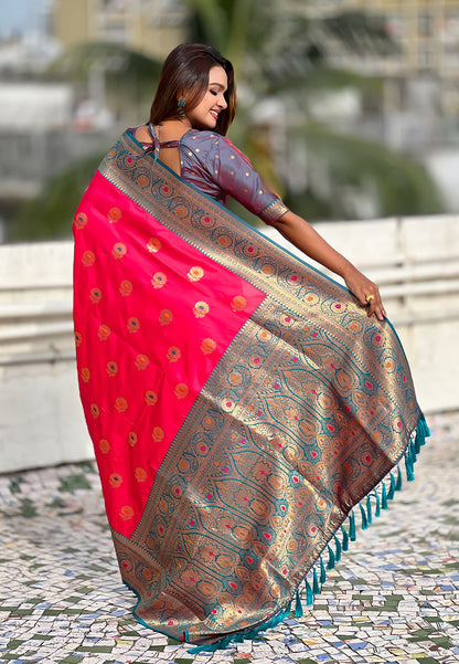 Pink Soft Silk with Sunflower Butta Meenakari Zari Saree Banarasi Saree Anant Tex Exports Pvt.Ltd..