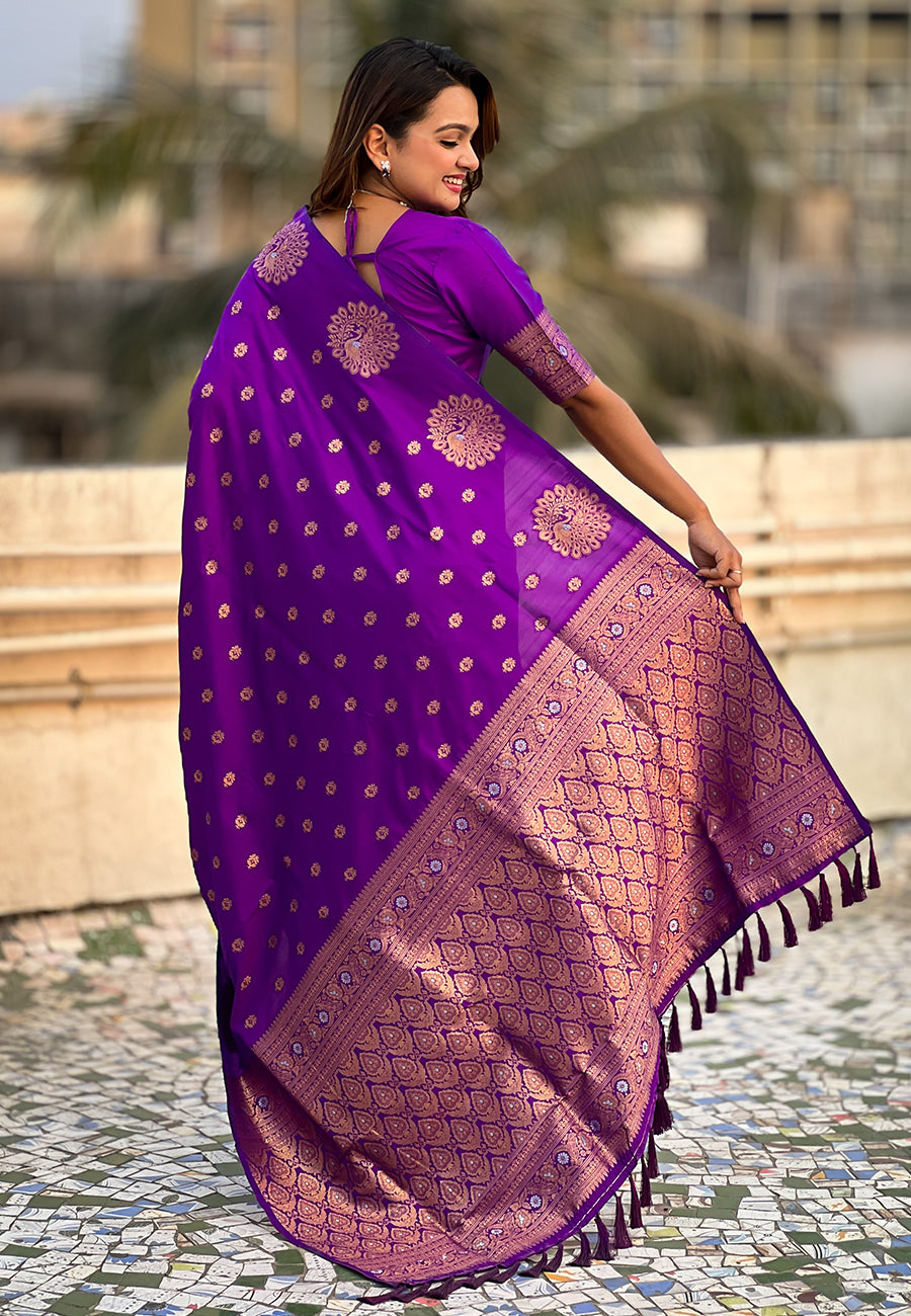 Purple Pure Soft Munga Silk Handloom Weaving Saree 