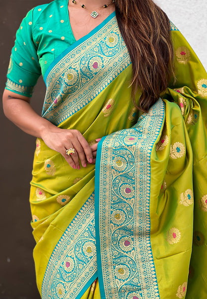 Mehendi Green Soft Silk with Sunflower Butta Meenakari Zari Saree Banarasi Saree Anant Tex Exports Pvt.Ltd..