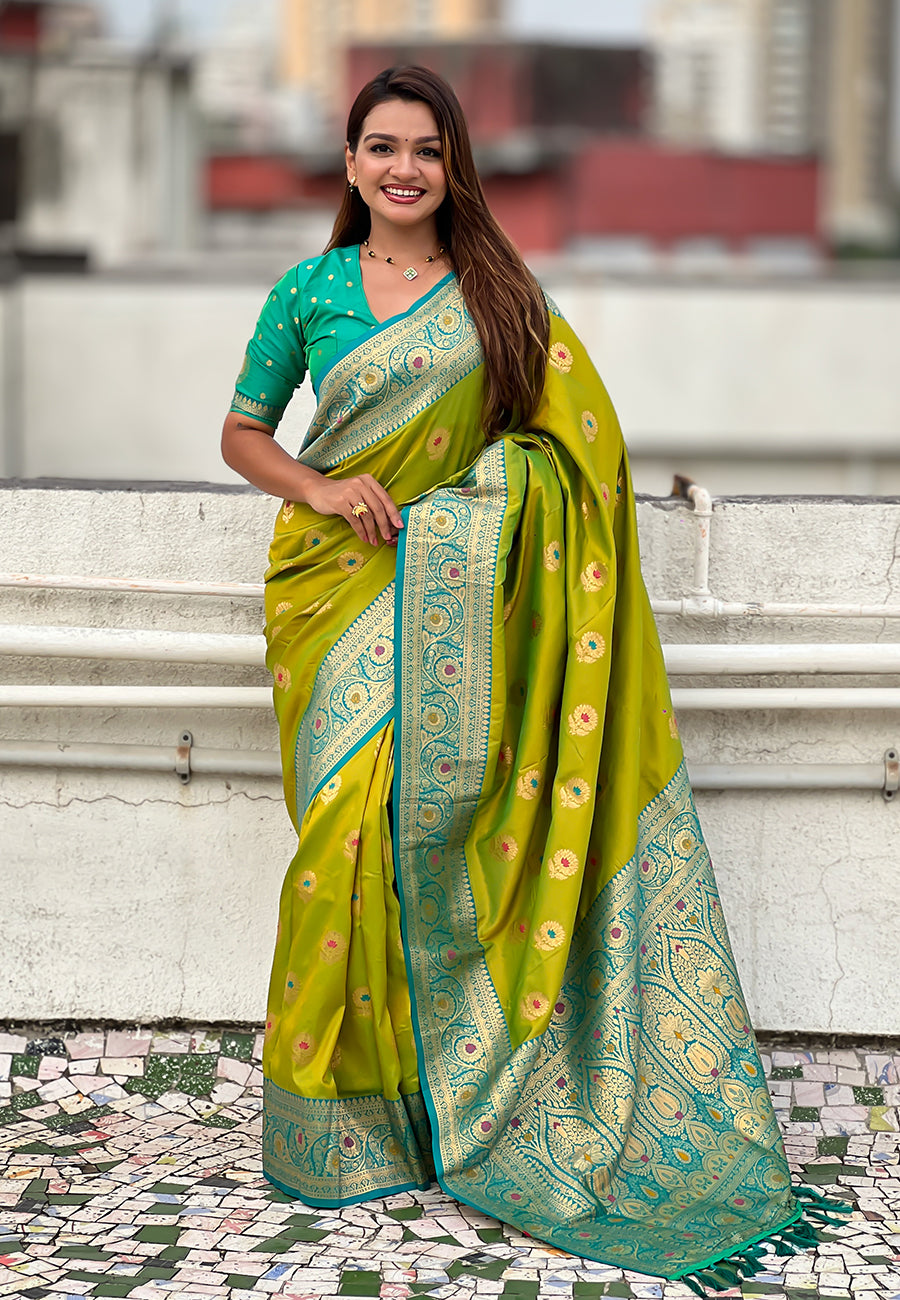 Mehendi Green Soft Silk with Sunflower Butta Meenakari Zari Saree Banarasi Saree Anant Tex Exports Pvt.Ltd..