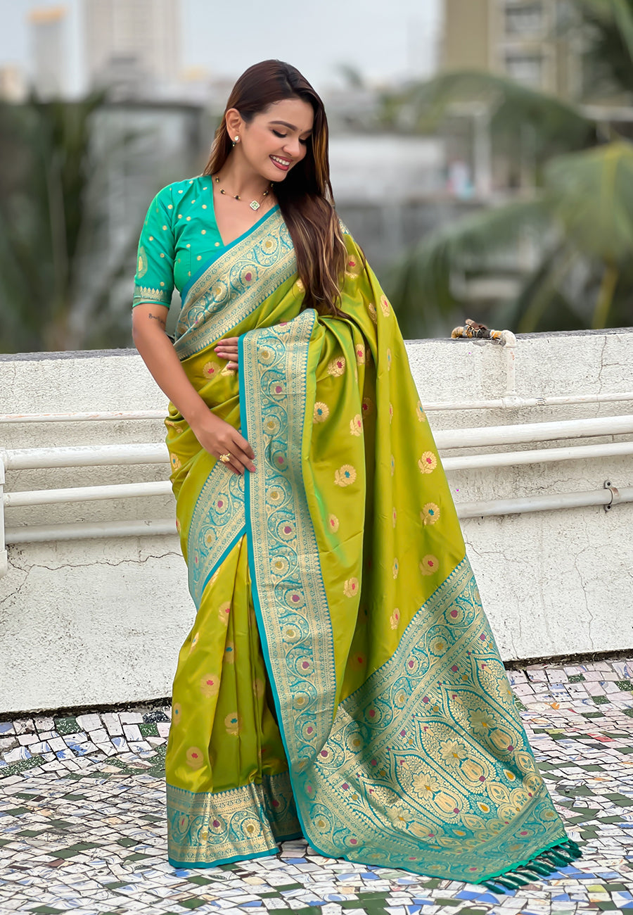 Mehendi Green Soft Silk with Sunflower Butta Meenakari Zari Saree Banarasi Saree Anant Tex Exports Pvt.Ltd..