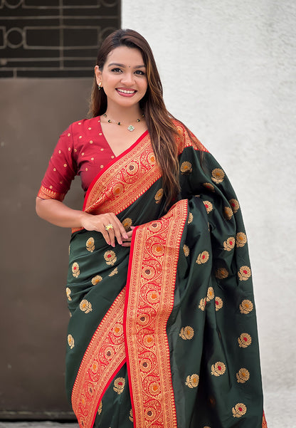 Bottle Green Soft Silk with Sunflower Butta Meenakari Zari Saree Banarasi Saree Anant Tex Exports Pvt.Ltd..