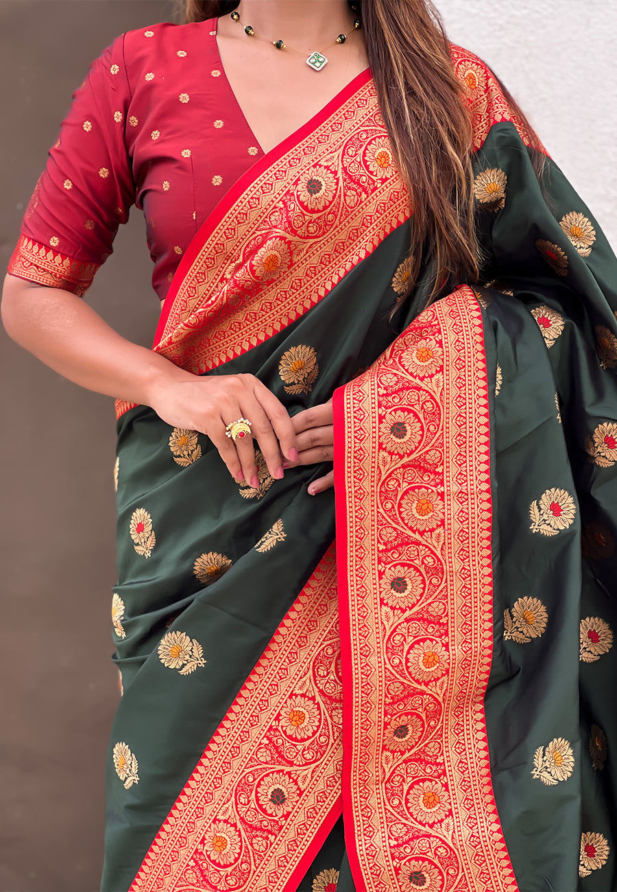 Bottle Green Soft Silk with Sunflower Butta Meenakari Zari Saree Banarasi Saree Anant Tex Exports Pvt.Ltd..