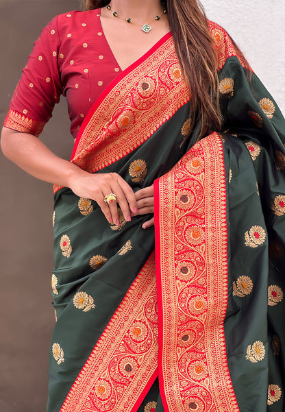 Bottle Green Soft Silk with Sunflower Butta Meenakari Zari Saree Banarasi Saree Anant Tex Exports Pvt.Ltd..