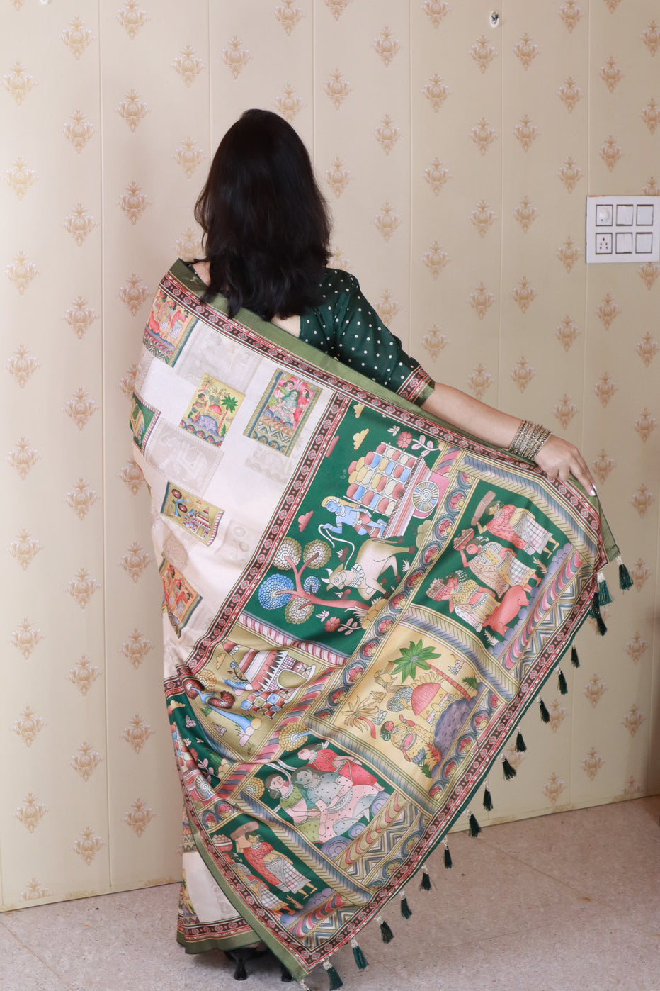 Green Pure Tussar Silk Bold Kalamkari Figure Printed Tussar Saree Tussar Saree Anant Tex Exports Pvt.Ltd..