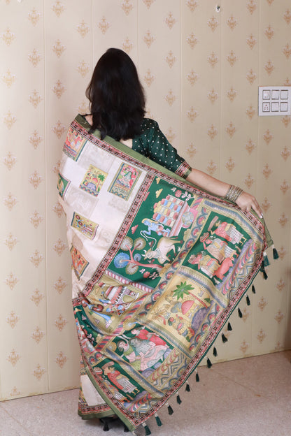Green Pure Tussar Silk Bold Kalamkari Figure Printed Tussar Saree Tussar Saree Anant Tex Exports Pvt.Ltd..