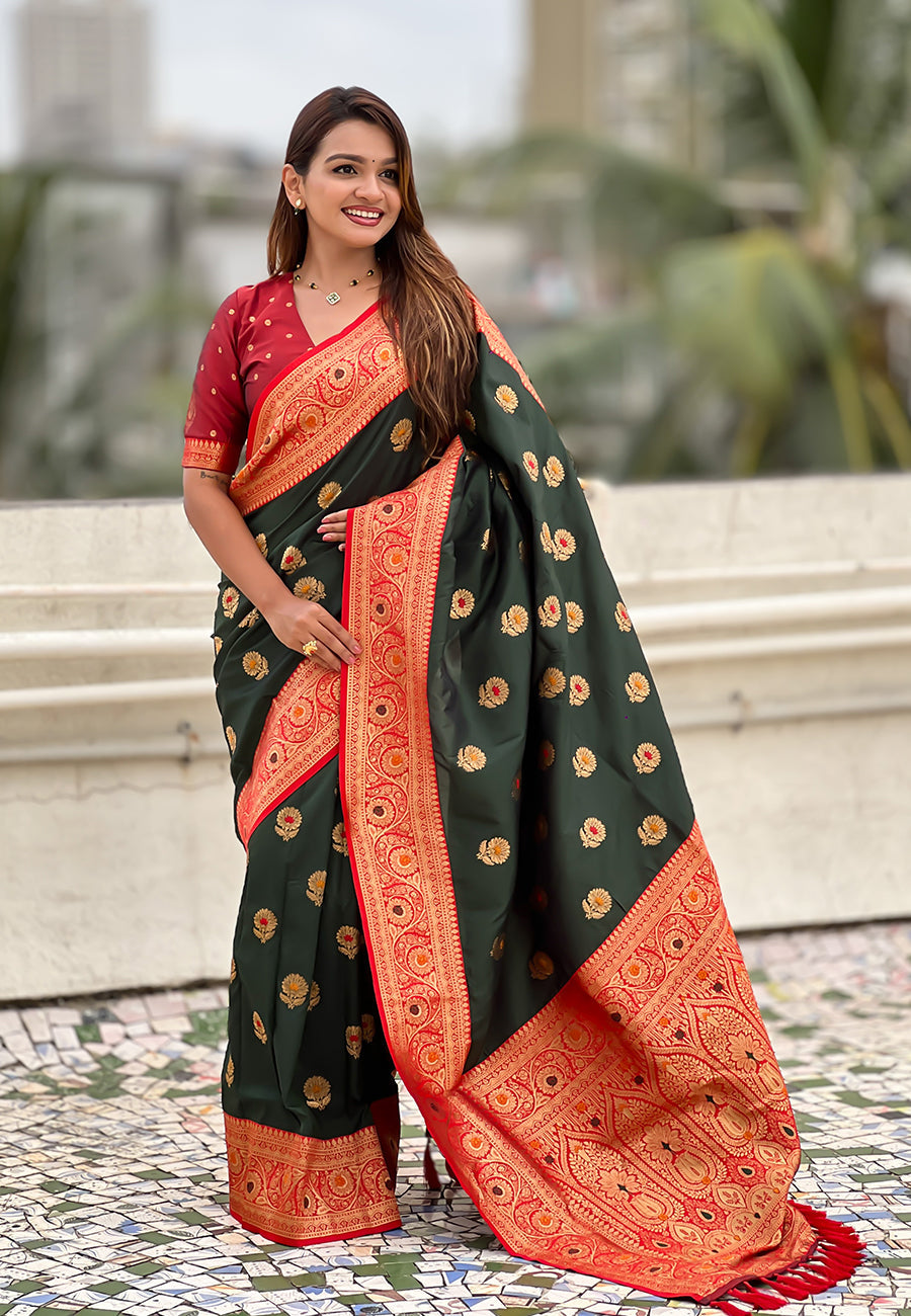 Bottle Green Soft Silk with Sunflower Butta Meenakari Zari Saree Banarasi Saree Anant Tex Exports Pvt.Ltd..