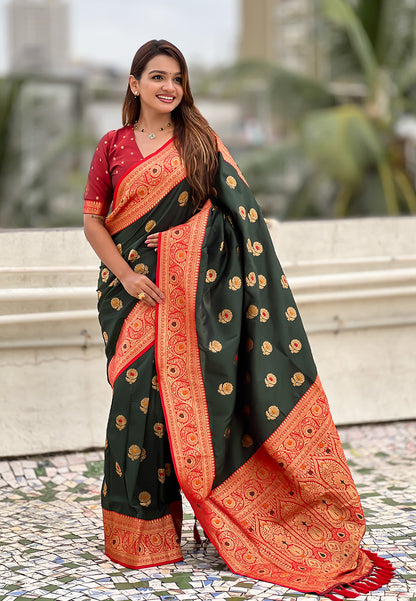 Bottle Green Soft Silk with Sunflower Butta Meenakari Zari Saree Banarasi Saree Anant Tex Exports Pvt.Ltd..