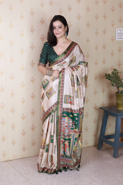 Green Pure Tussar Silk Bold Kalamkari Figure Printed Tussar Saree Tussar Saree Anant Tex Exports Pvt.Ltd..