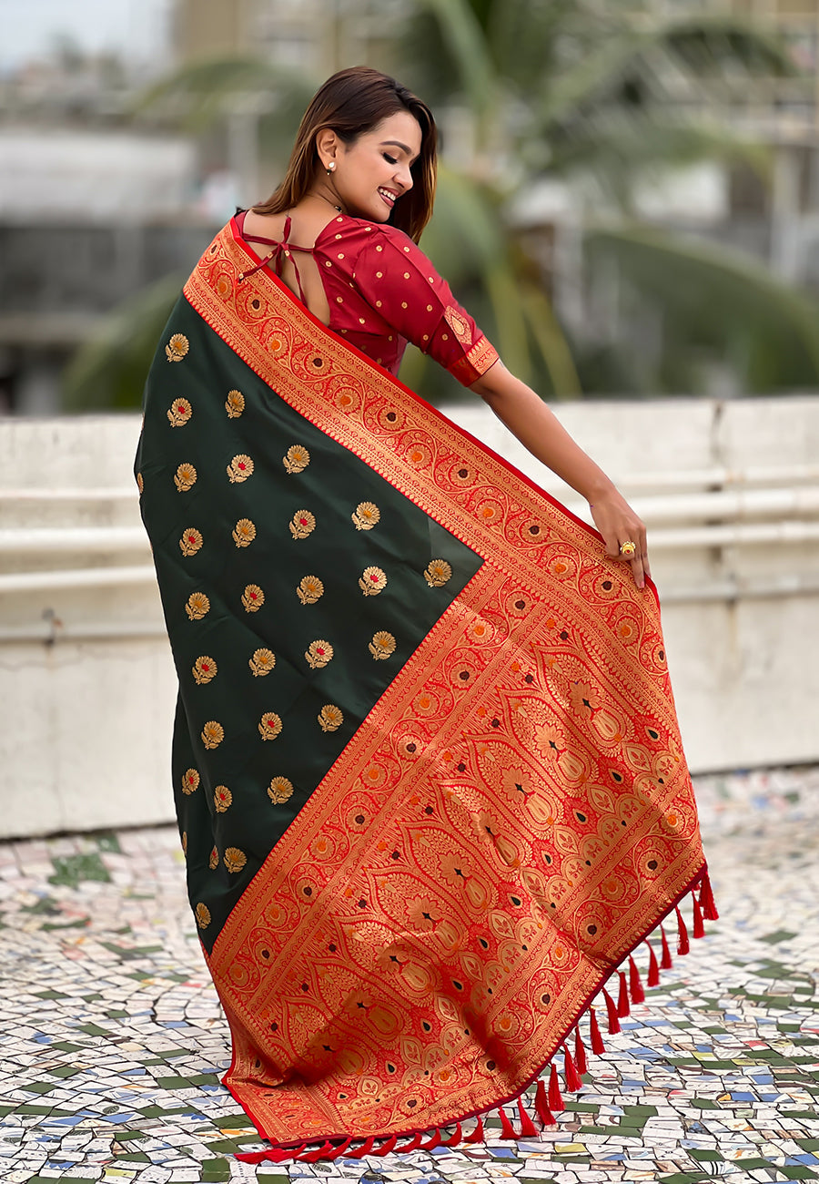 Bottle Green Soft Silk with Sunflower Butta Meenakari Zari Saree
