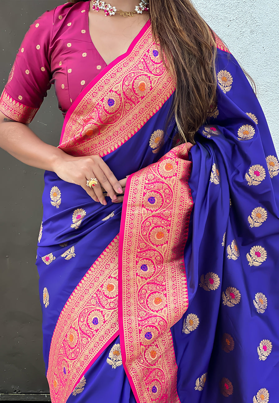 Violet Soft Silk with Sunflower Butta Meenakari Zari Saree Banarasi Saree Anant Tex Exports Pvt.Ltd..