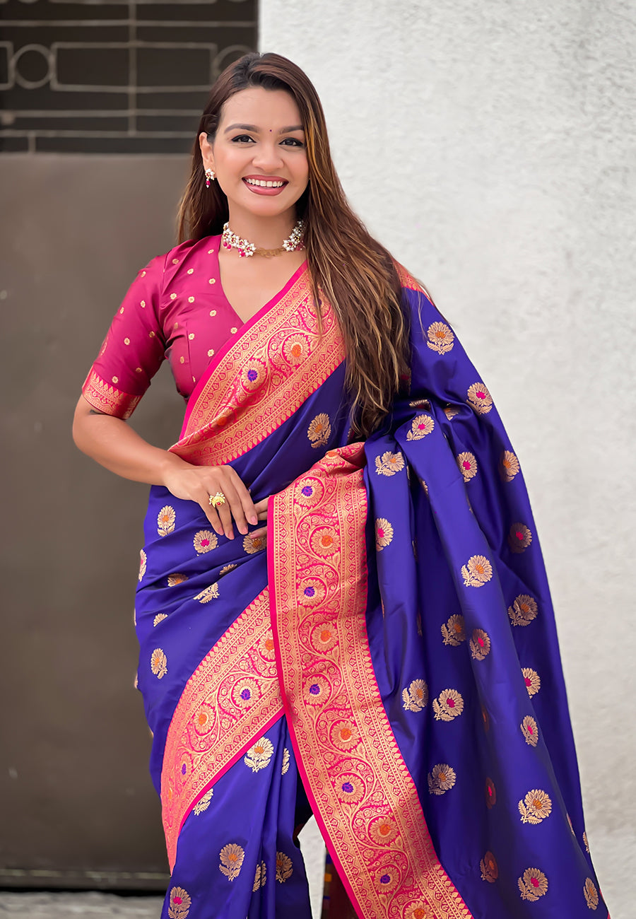 Violet Soft Silk with Sunflower Butta Meenakari Zari Saree Banarasi Saree Anant Tex Exports Pvt.Ltd..
