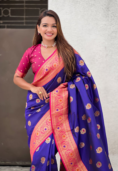 Violet Soft Silk with Sunflower Butta Meenakari Zari Saree Banarasi Saree Anant Tex Exports Pvt.Ltd..