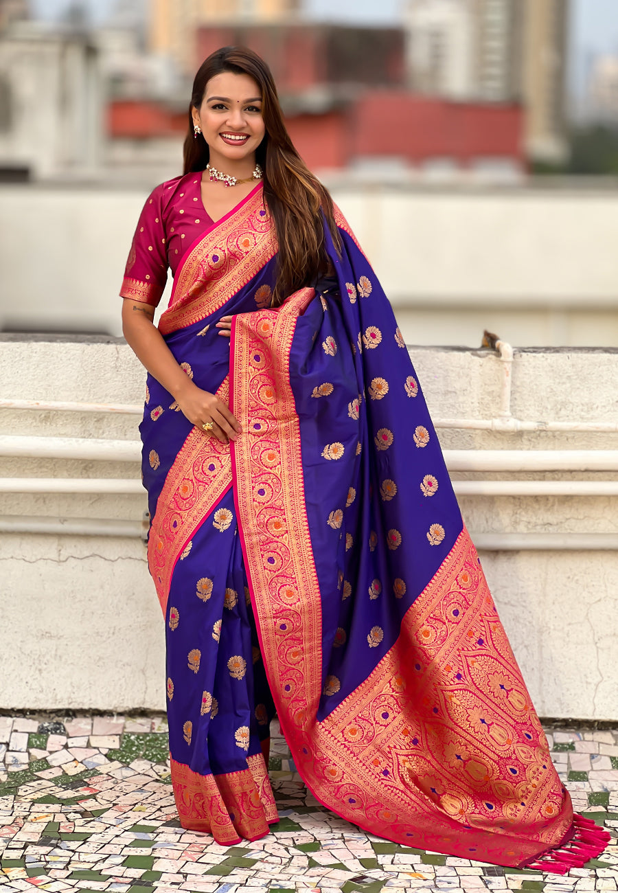 Violet Soft Silk with Sunflower Butta Meenakari Zari Saree Banarasi Saree Anant Tex Exports Pvt.Ltd..