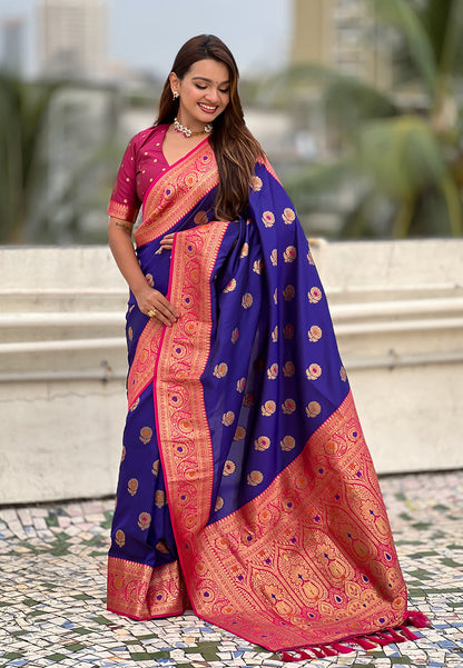 Violet Soft Silk with Sunflower Butta Meenakari Zari Saree Banarasi Saree Anant Tex Exports Pvt.Ltd..