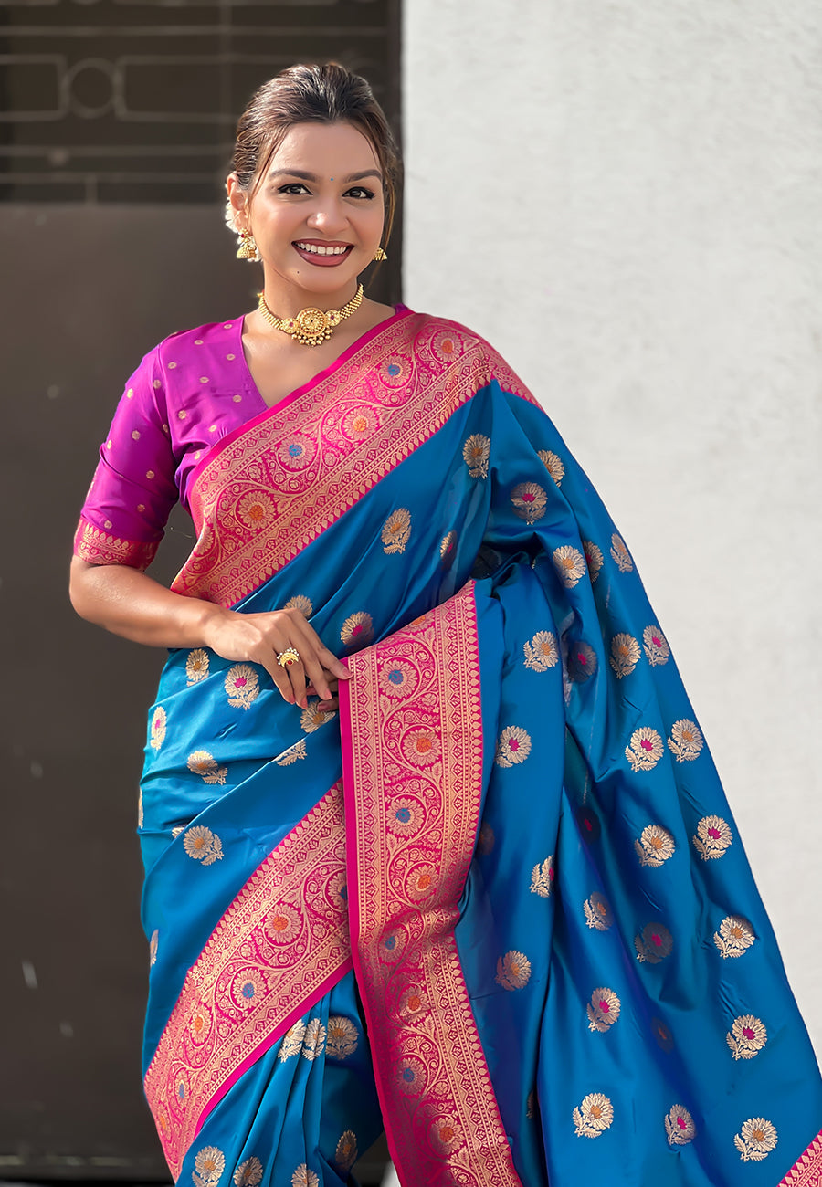 Blue Soft Silk with Sunflower Butta Meenakari Zari Saree Banarasi Saree Anant Tex Exports Pvt.Ltd..