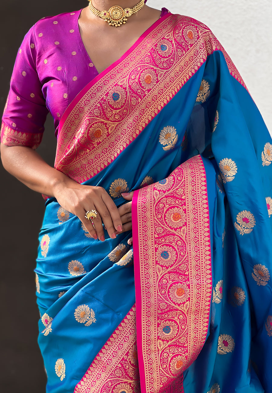 Blue Soft Silk with Sunflower Butta Meenakari Zari Saree