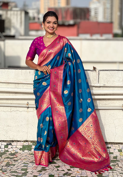 Blue Soft Silk with Sunflower Butta Meenakari Zari Saree Banarasi Saree Anant Tex Exports Pvt.Ltd..