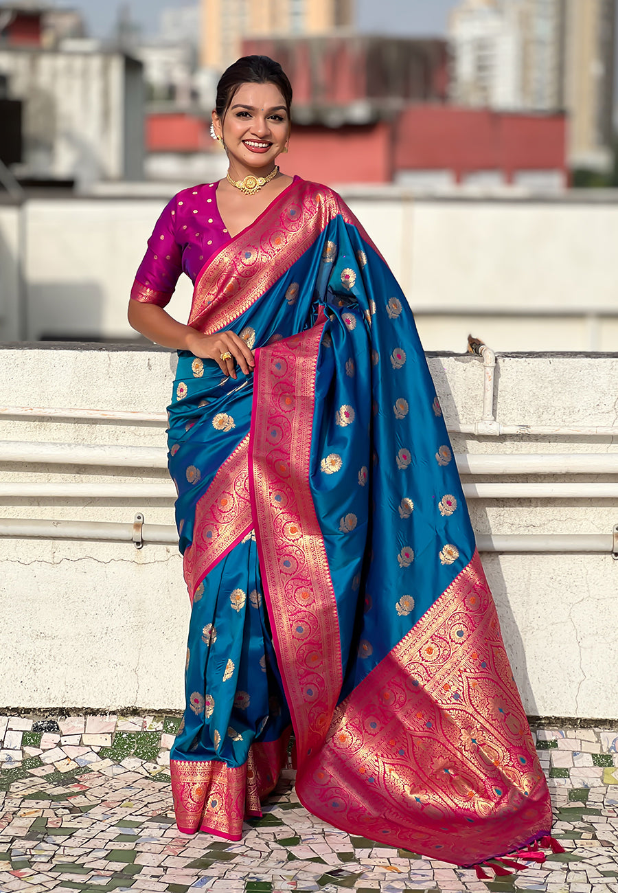 Blue Soft Silk with Sunflower Butta Meenakari Zari Saree