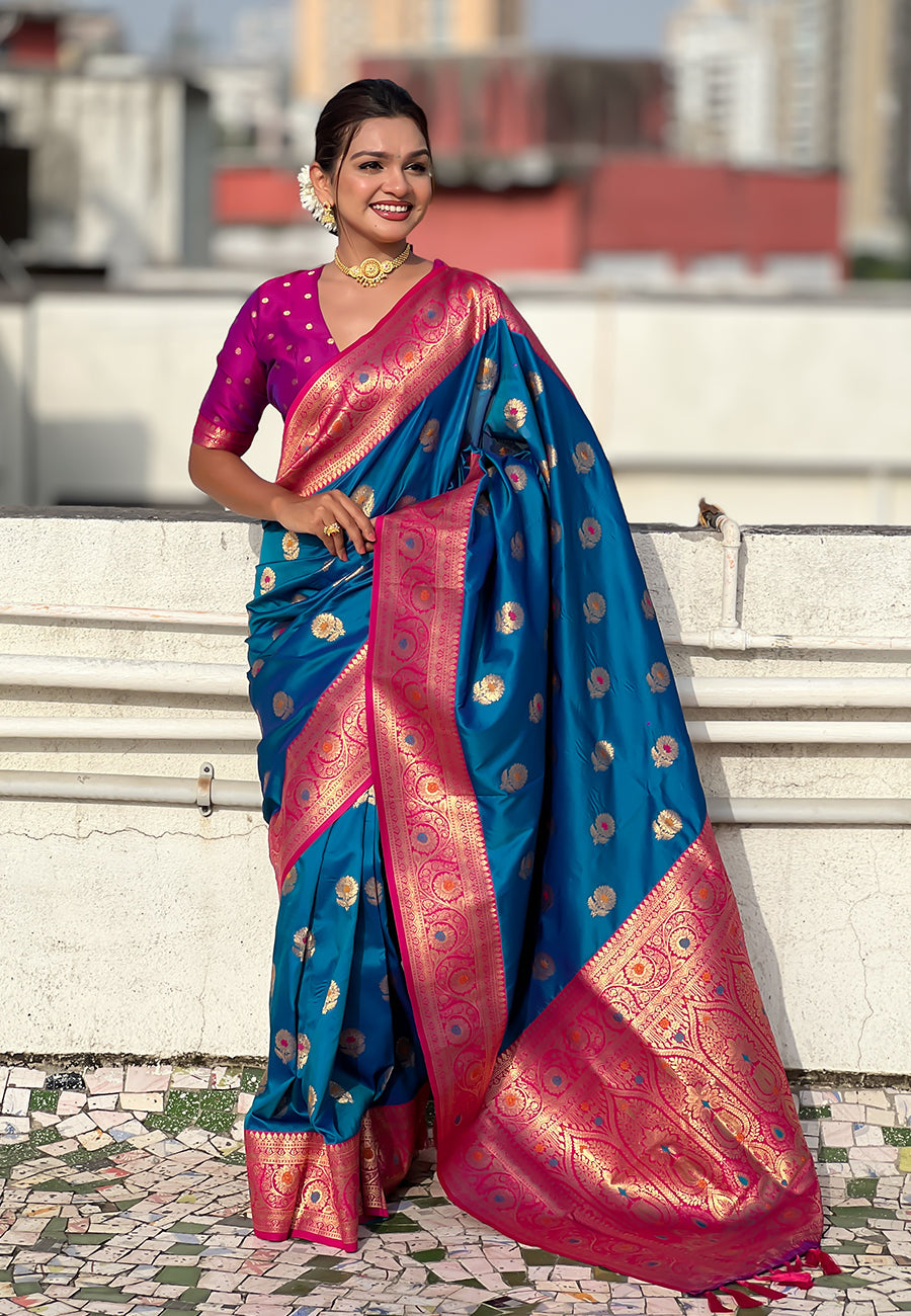 Blue Soft Silk with Sunflower Butta Meenakari Zari Saree