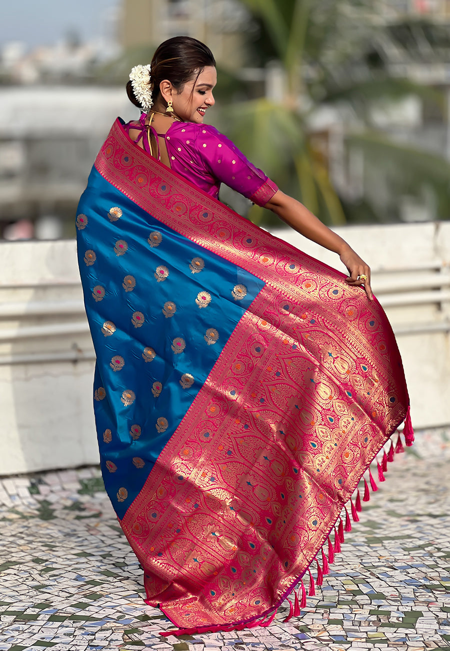 Blue Soft Silk with Sunflower Butta Meenakari Zari Saree