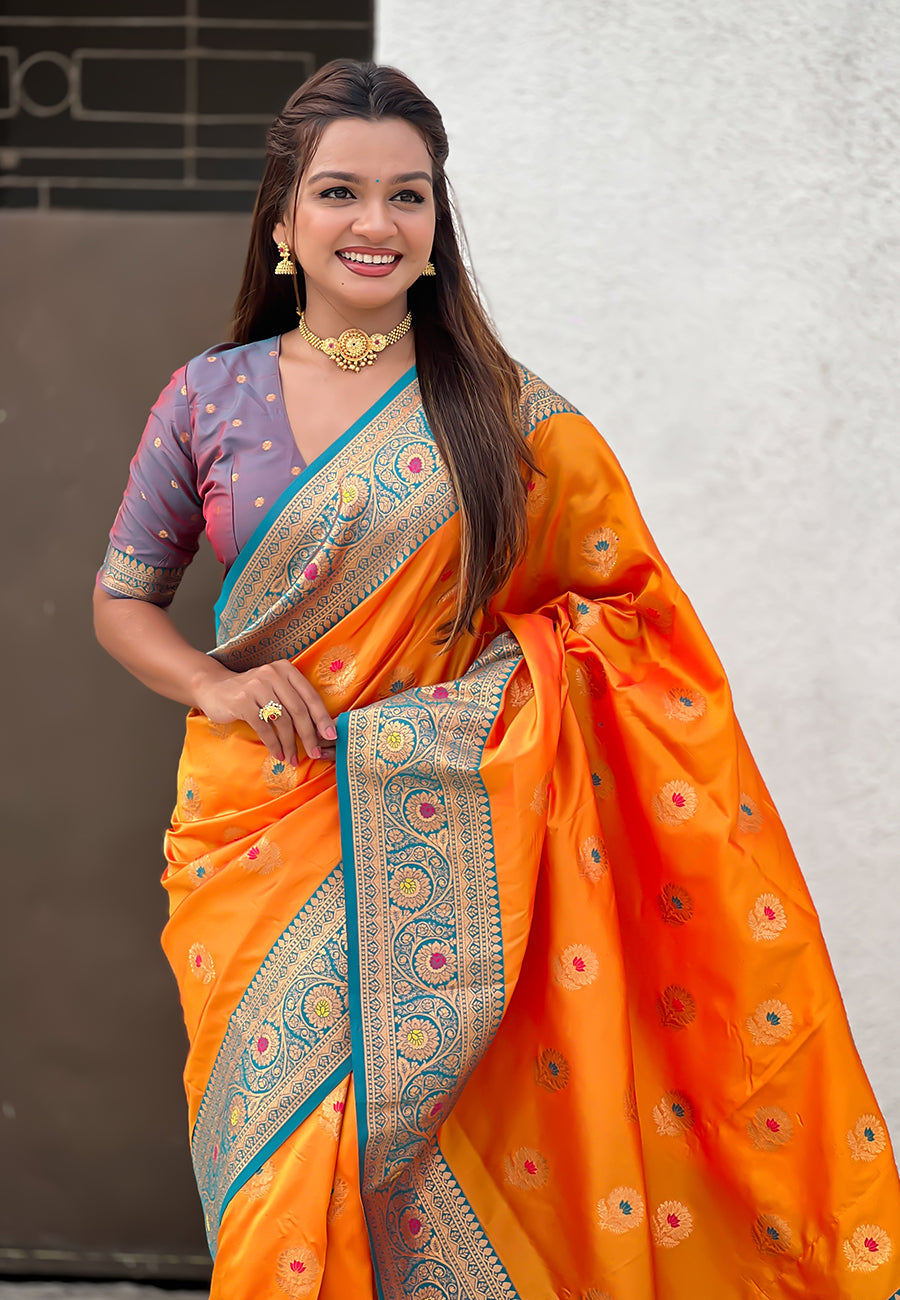 Orange Soft Silk with Sunflower Butta Meenakari Zari Saree Banarasi Saree Anant Tex Exports Pvt.Ltd..